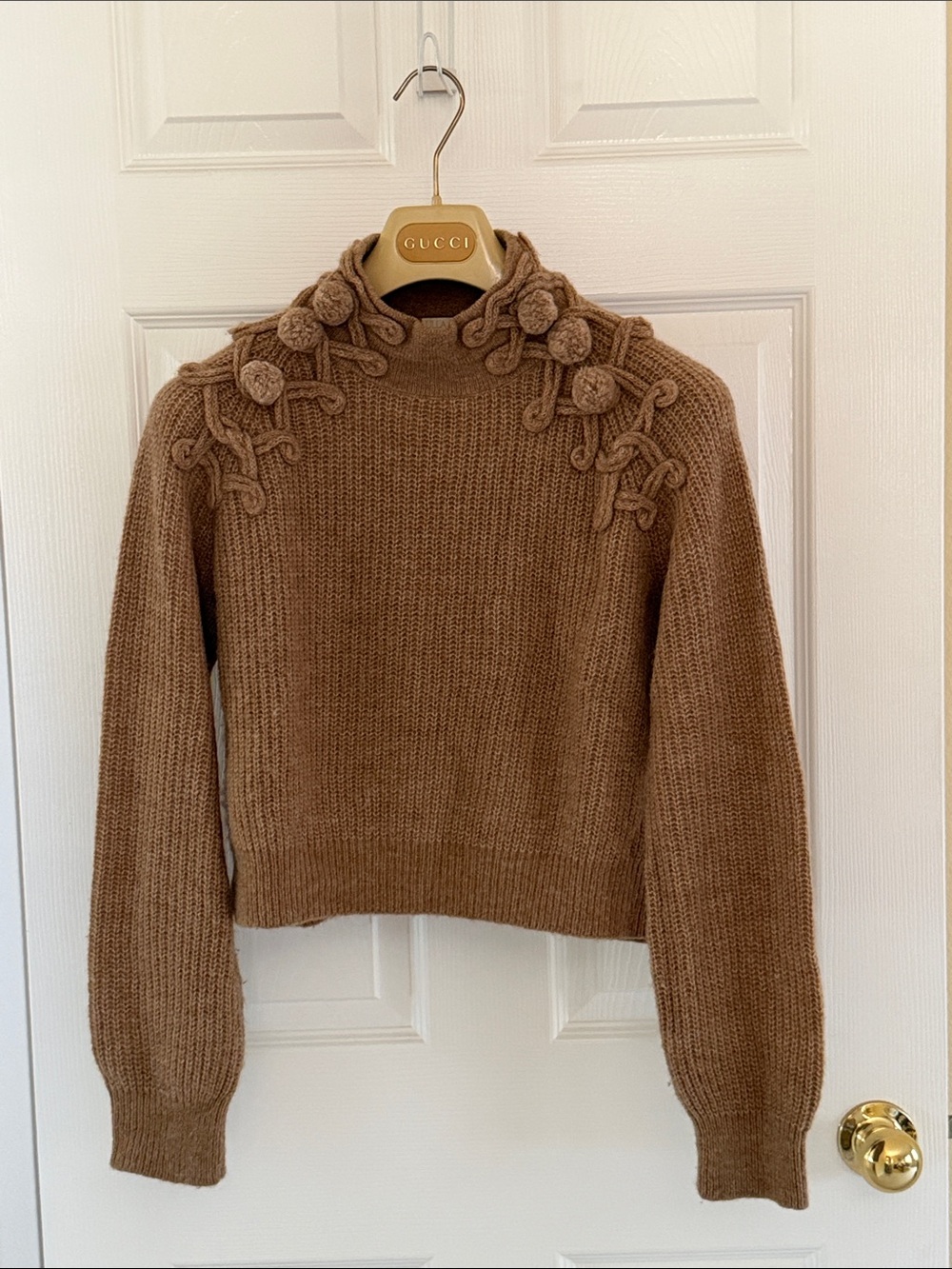 Ulla Johnson Camel Brown Pom-Trim Wool Turtleneck Sweater
